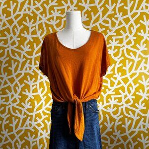 H&M Orange Tangerine Linen Blend Short Sleeve Scoopneck Boxy Knot Top - S/M